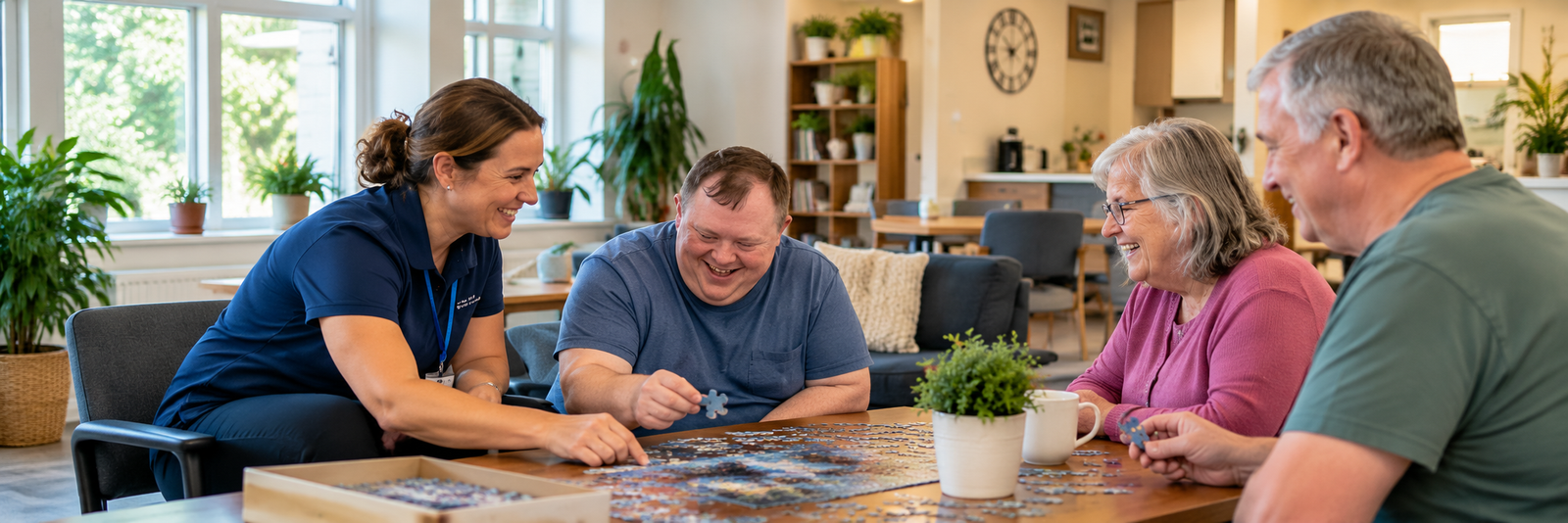 About collaborative puzzle time in a cozy lounge